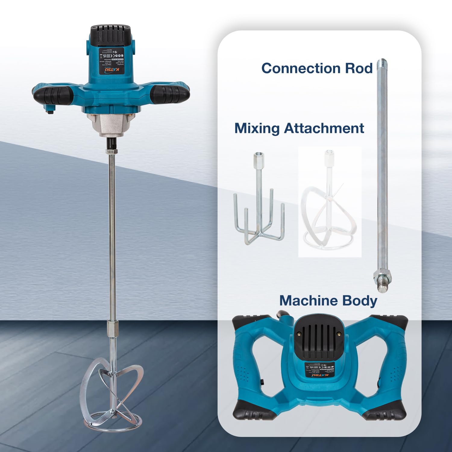KATSU Tools Miscelatore elettrico a pale 1000 W, macchina per la miscelazione di malta e cemento portatile, 6 velocità variabili, agitatore extra, per intonaco, vernice, calcestruzzo
