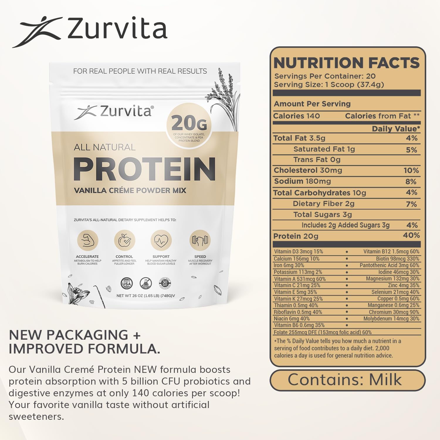 Zurvita - Vanilla Crème Protein Powder- Protein, Probiotics, No Artificial Sweeteners, 24+ Vitamins & Minerals, 140 Cal/Scoop - 26oz (20 Servings)