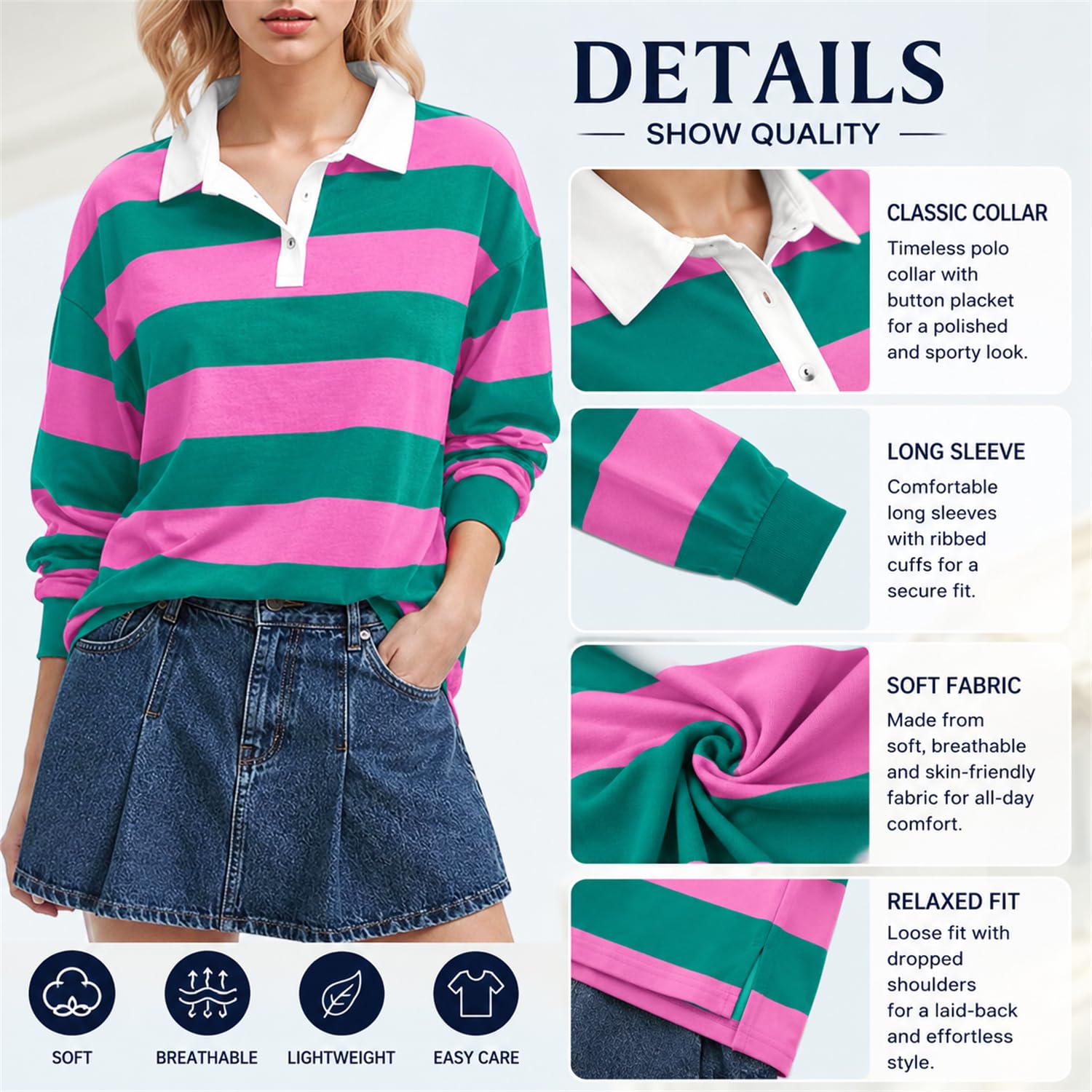 Damskie bluzy oversize kontrastowe paski z długim rękawem i kołnierzem | Damskie koszulki polo z długim rękawem, klapa z dekoltem w serek sweter top Y2k Streetwear na wiosnę i jesień