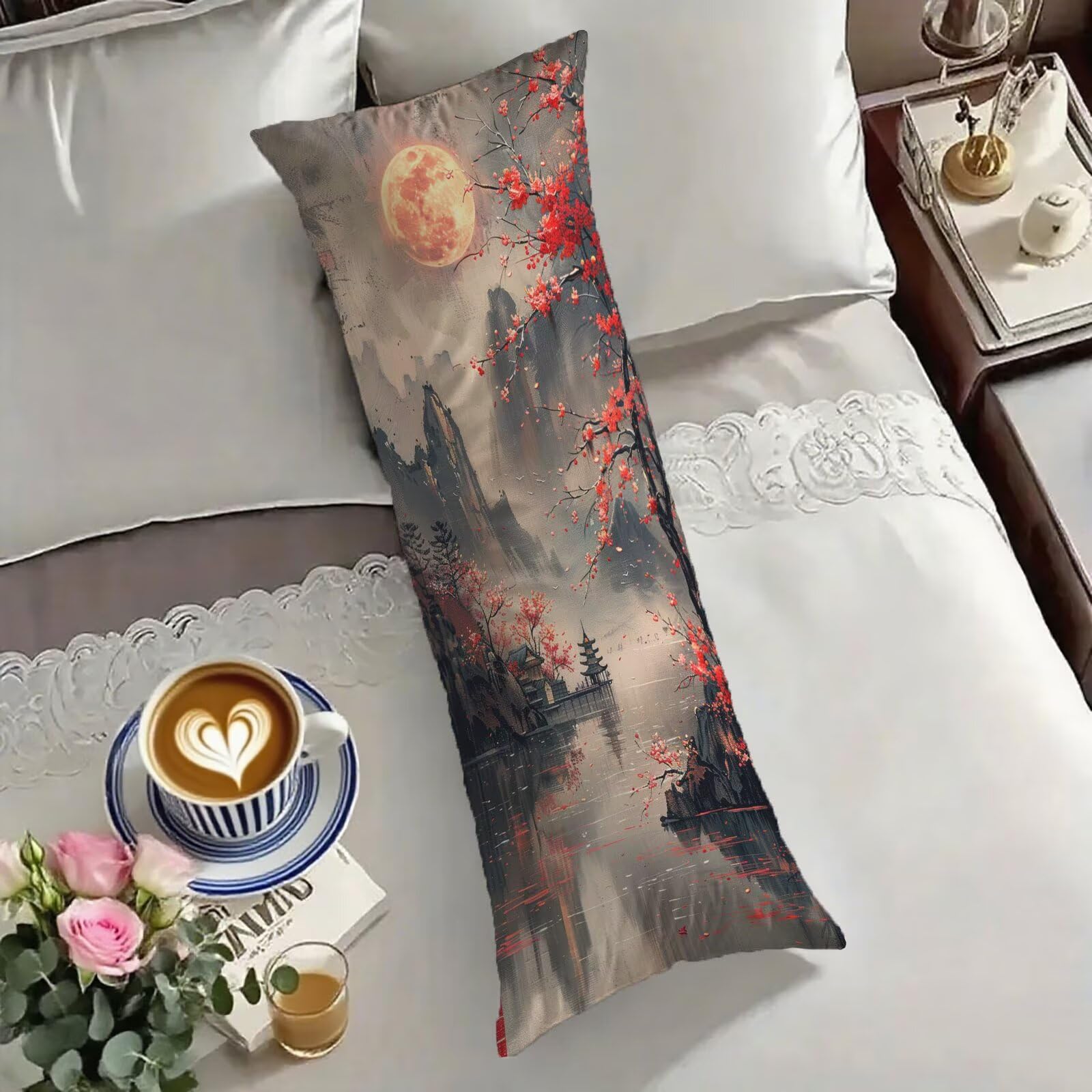 Taie de traversin 60x180 cm motif japonais rouge housse de coussin cadeau femme idéal