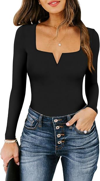 Chunpin Womens Square Notch V Neck Bodysuit Top Outfit