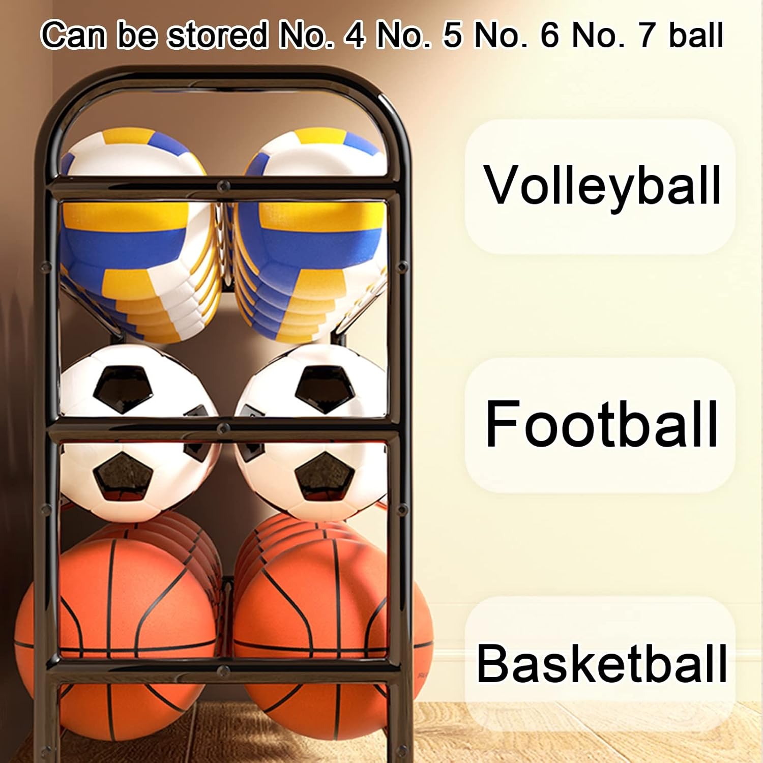 Balls Storage Holder Rolling Garage Storage Ball Rack Pour Basket-Ball Football Volley-Ball, 4-Tier Steel Ball Cart with Wheels Sports Equipment Storage