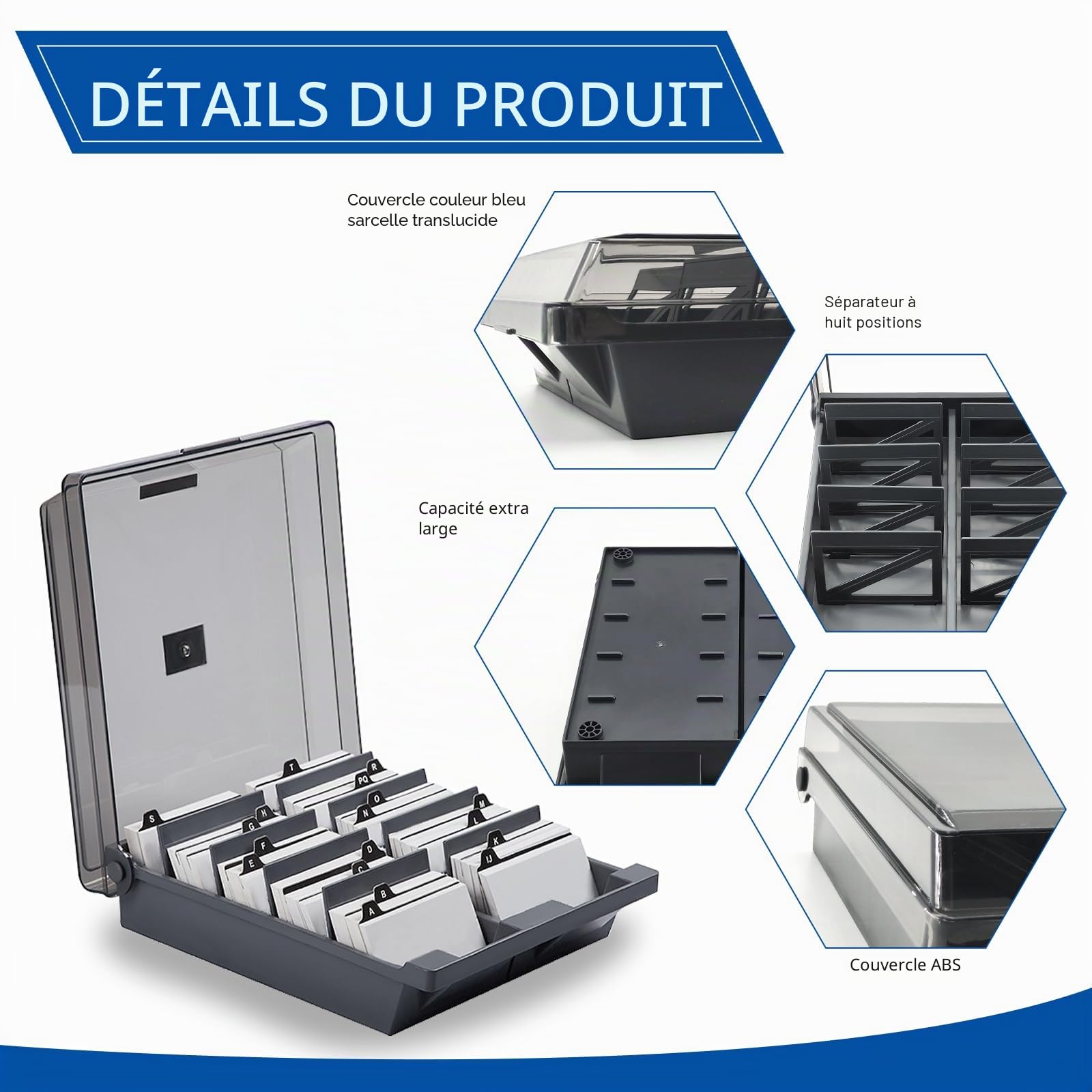Porte-cartes de Visite, 1000 Cartes Grande Capacité Boîte de Rangement pour Cartes de Visite avec 8 séparateurs et onglets d'index A-Z (gris)