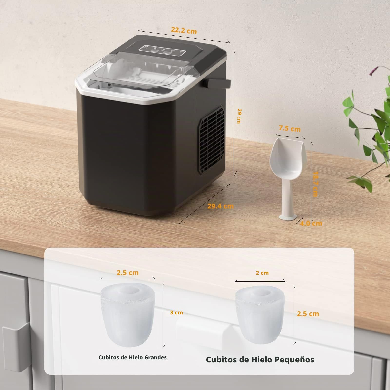 Máquinas para Hacer Hielo Portátil con Mango, Maquina de Hielo para Encimera, Equipado con Hielo Pala de Puede Colocar Boca Abajo, Tamaño S/L 9 Cubitos Hielo/6-10min, 12Kg/24h, Usar en Fiesta/Hogar