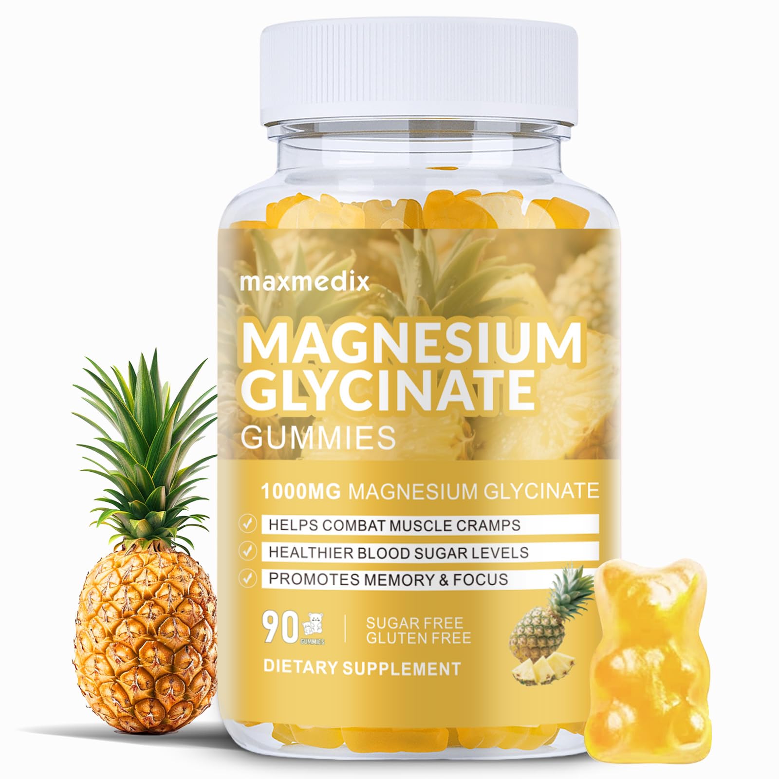 Magnesium Glycinate Gummies 1000mg, Sugar Free Magnesium Potassium Supplements Chewable for Adults with L-Threonate for Sleep, Body Support and Relaxation,90 Pineapple Gummies