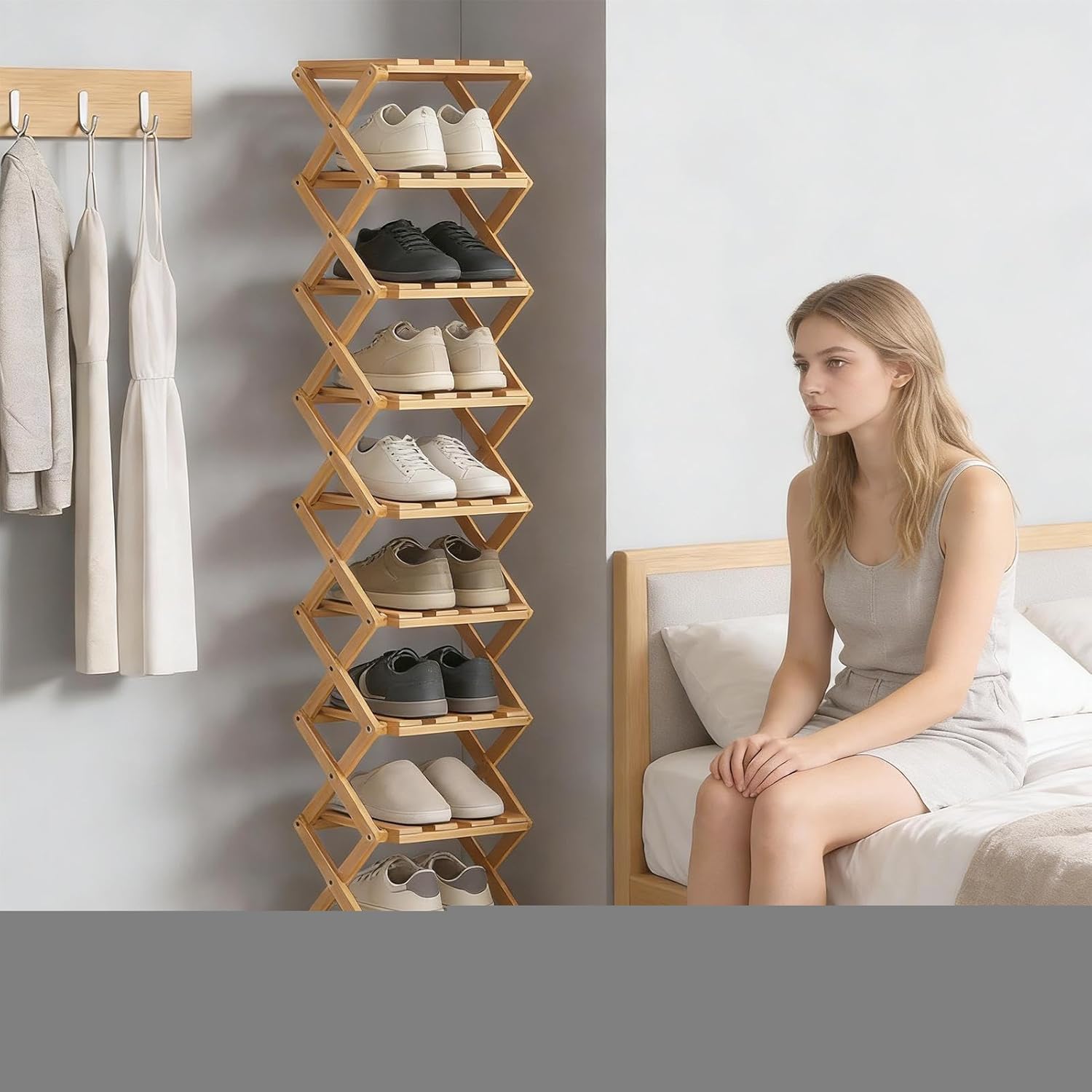 Shoe Rack – Multi-Tier Wooden Folding Storage Rack – Wardrobe Organizer Vertical Shelf, for Entryway, Living Room, Bedroom, Home, Apartment, Shoes, Boots, Heels, Sneakers