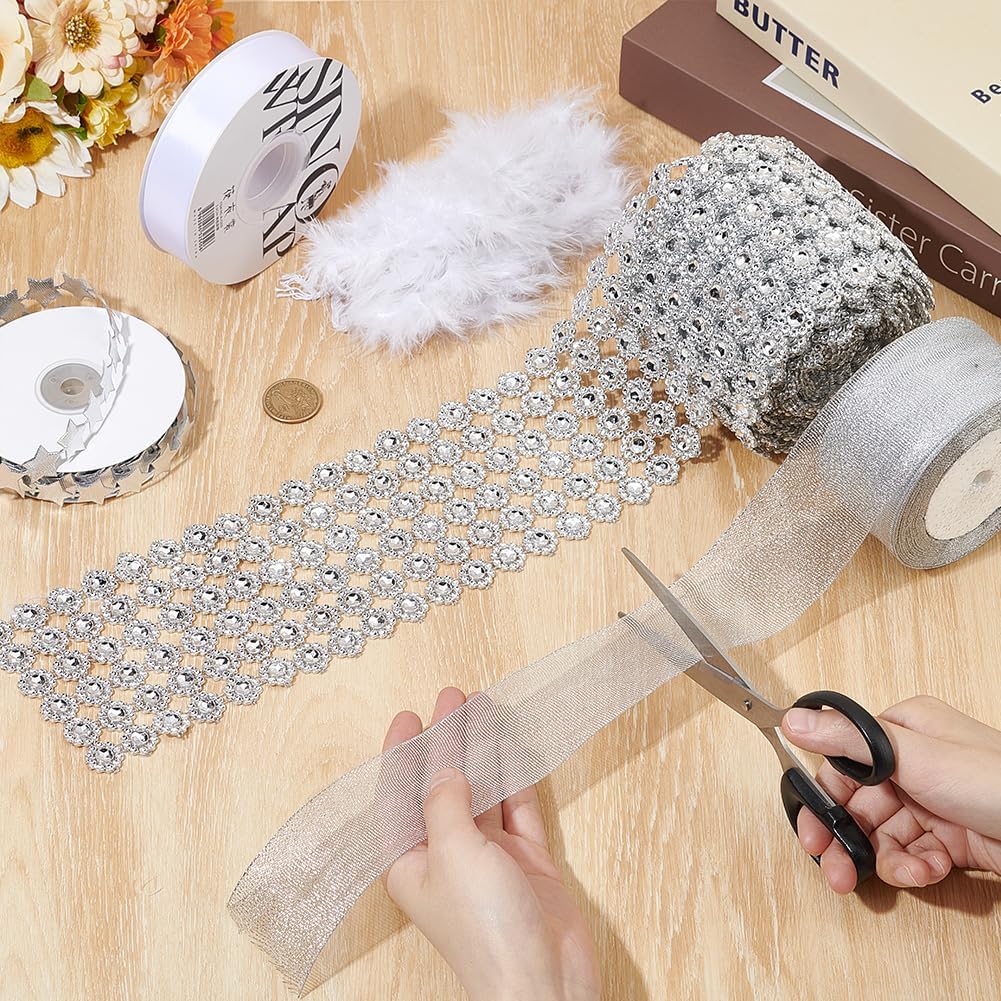 ORIGACH 5 Rolls 87 Yard Homecoming Mum Supplies Kit, Craft Trim Set with Rhinestone Ribbon Star Trim Marabou Feather Boa White Satin Silver Glitter Ribbon for Gift Wrapping, Homecoming, Decorations