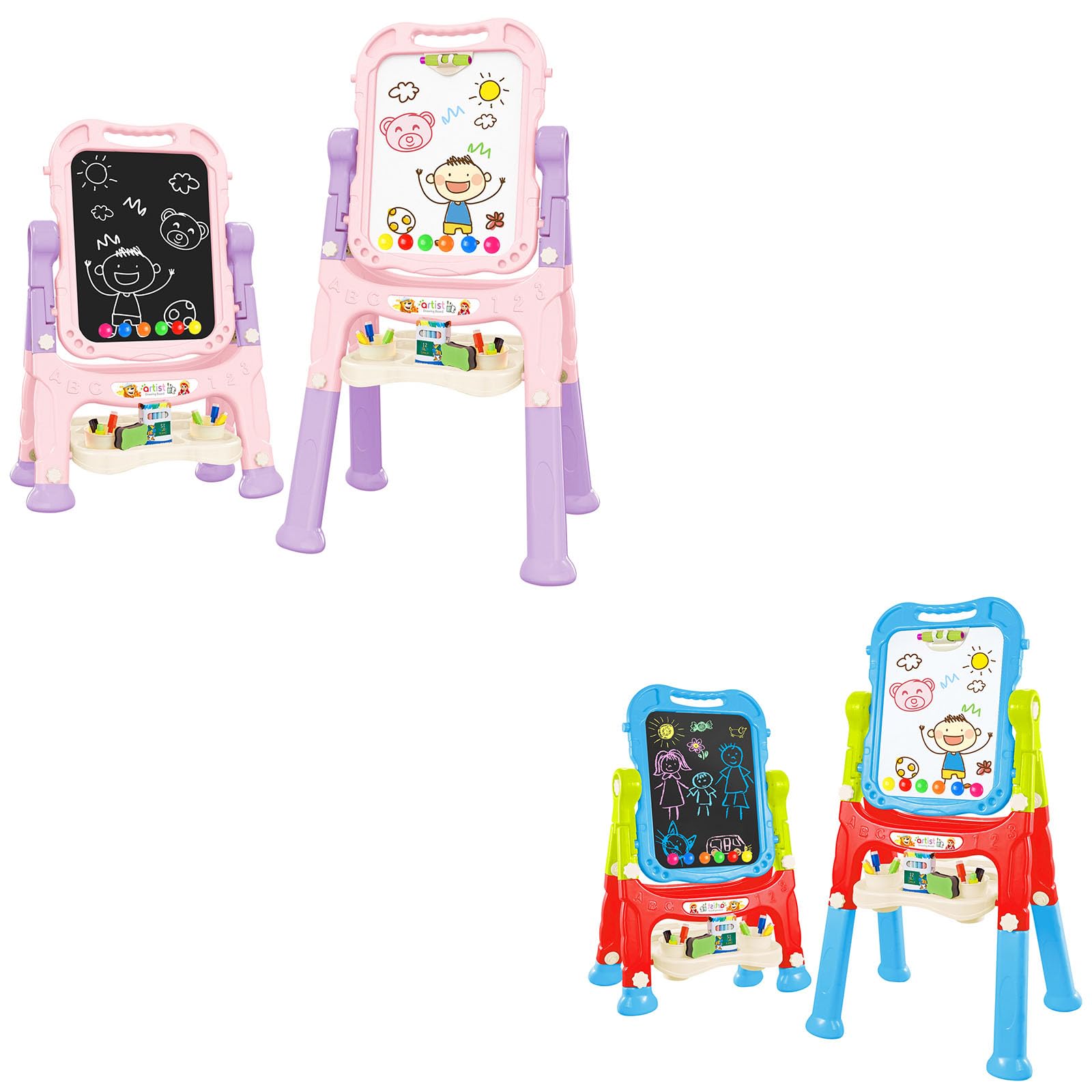 AmagoingPink Blue Easel for Kids, Adjustable Standing Art Easel for Toddler, Double Magnetic Drawing Board with Painting Accessories, Gift for Little Boys and Girls