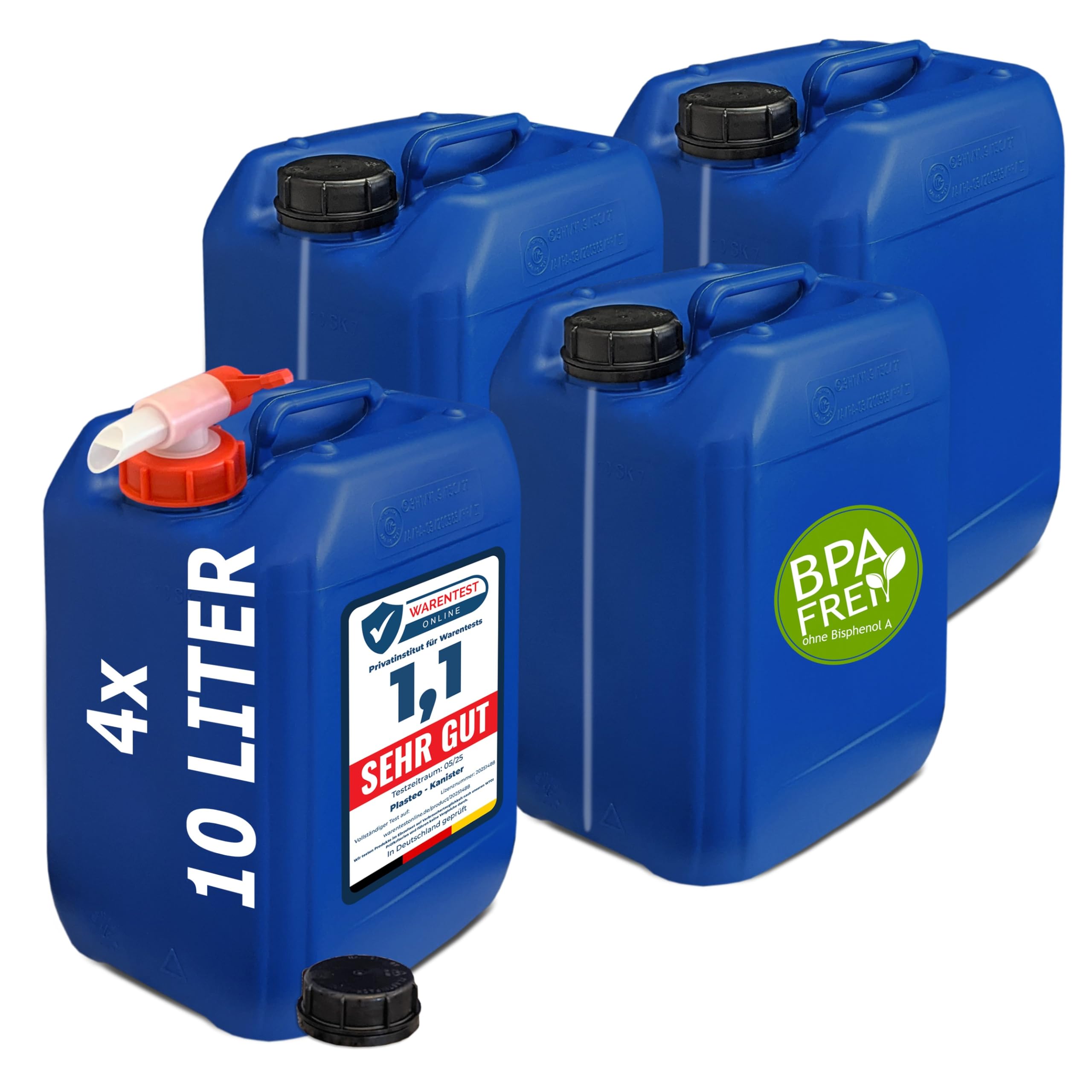 plasteo® 4 x 10L Getränke- Wasserkanister | BPA Frei | Lebensmittelecht | Hergestellt in DE | Camping | UN-Zulassung | Tragbar | Indoor und Outdoor | Blau