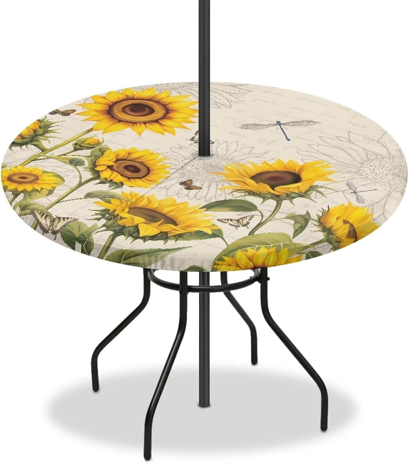 Daisy Butterfly Outdoor Tablecloths with Umbrella Hole Elastic Round Patio Table Covers Waterproof Windproof Round Fitted Tablecloth Outdoor Furniture Protector for Picnic Garden