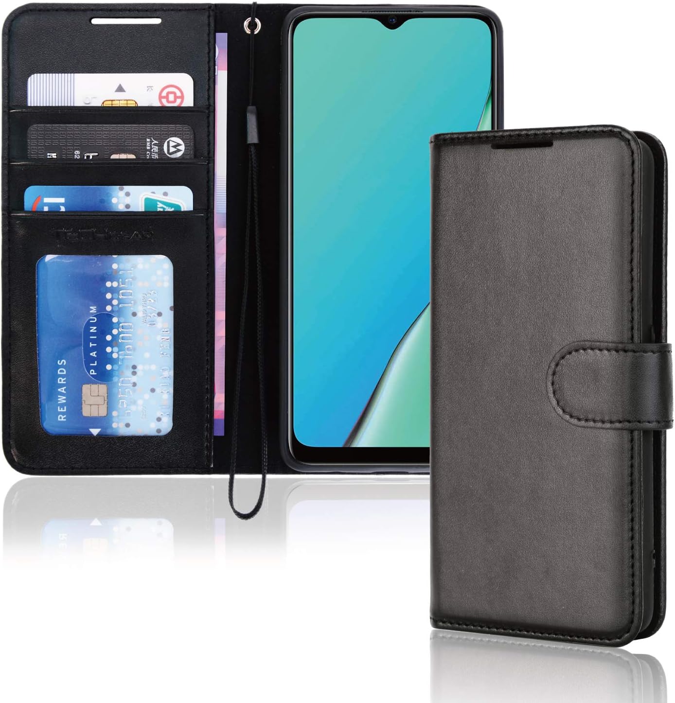 TECHGEAR Leather Wallet Case for Oppo A9 2020 / A5 2020, Flip Protective Case Cover with Wallet Card Holder, Stand & Wrist Strap - Black PU Leather with Magnetic Closure Designed For Oppo A9 / A5 2020