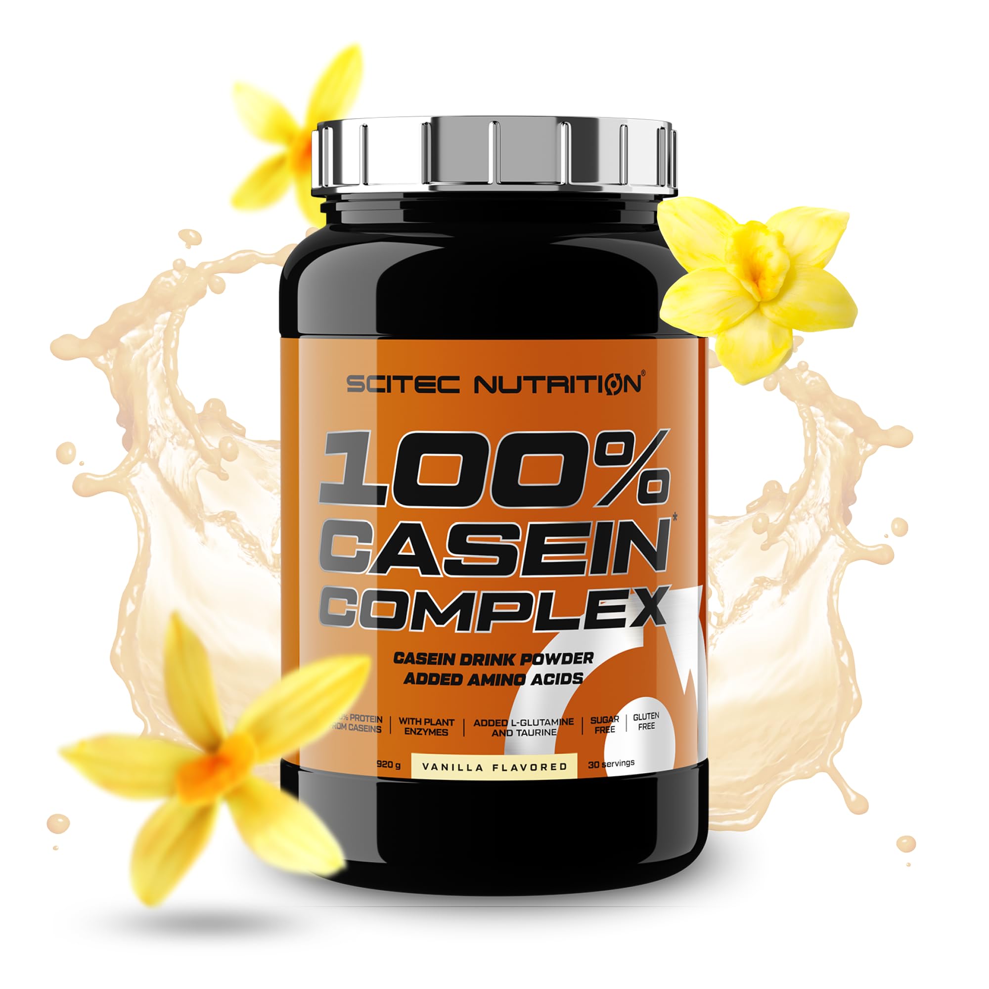 100% Casein Complex – Micellar Casein Based Casein Complex – with L-Glutamine, Taurine and Plant Enzymes, 920 g, Vanilla