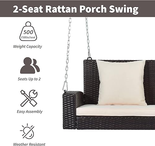 Miniatura 6 de Silla columpio para patio al aire libre para 2 personas con cadenas de acero, sofá biplaza colgante tejido de ratán al aire libre con cojín y