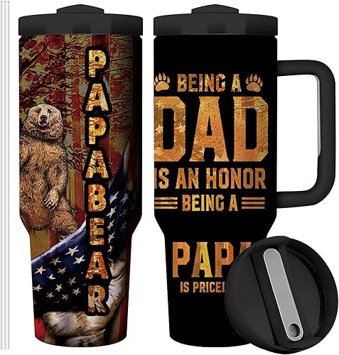 Equoza Taza de viaje de acero inoxidable de 40 onzas con asa, taza aislada al vacío de doble pared con tapa y popote