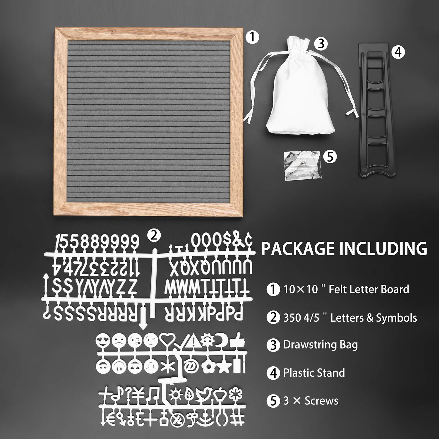 Feltro Letter Board 25x25 cm, Feltro Retro in 350 Pezzi Alfabeto Decorativo Lettere con Gancio in Metallo per Appenderla al Muro e Decorazioni per Interni, Grigio