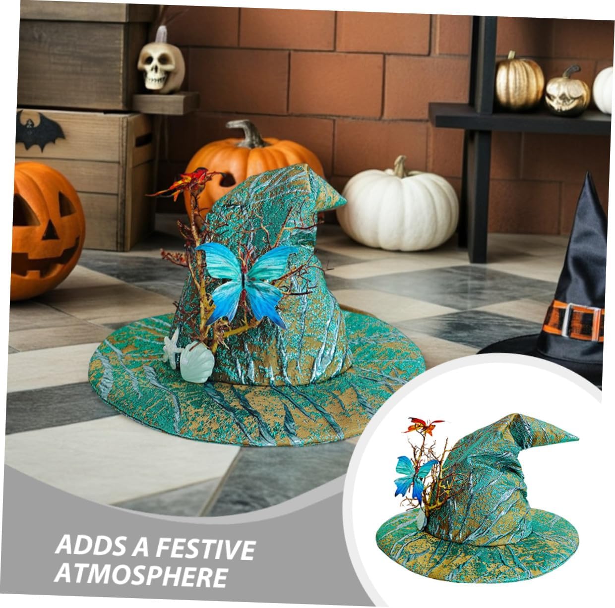 Operitacx Halloween Witch Hat with Butterfly Accent, Emerald Sorcerer Cap for Women Adults, Halloween Party Cosplay Costume Accessory, Witch Headpiece for Masquerade and Daily Use