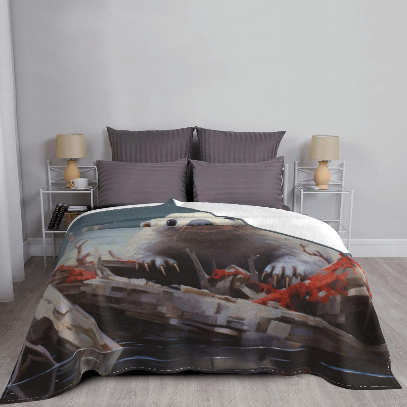 Coperta decorativa morbida e calda in flanella per bambini, cane, gatto, 127 x 152 cm, stampa lontra bianca