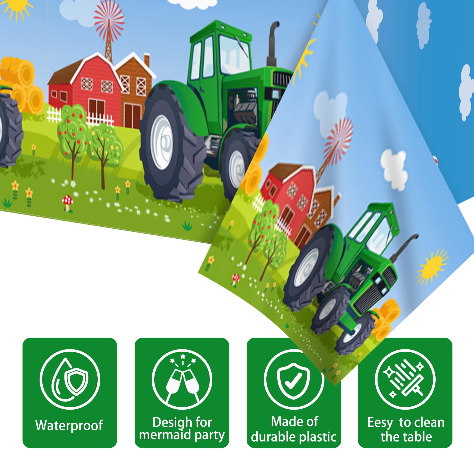 Paquete de 3 manteles de plástico para fiesta de tractor, decoración de fiesta de tractor verde, fundas desechables para fiestas de cumpleaños temáticas de granja, 54 x 87 pulgadas