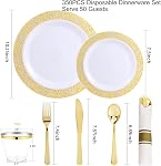 350 Gold Lace Dinnerware: 50 Dinner 50 Dessert 50 Pre-Rolled Napkins w/Silverware 50 Cups, Sturdy
