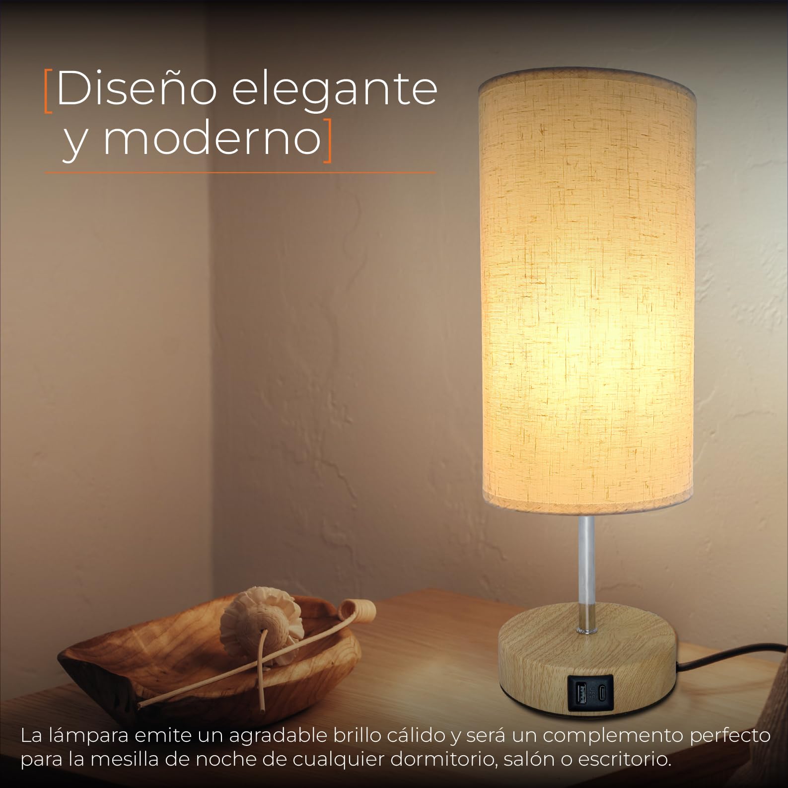 LED ATOMANT 2x LED-Nachttischlampe Beige Taktil Dimmbar 2 USB A+C