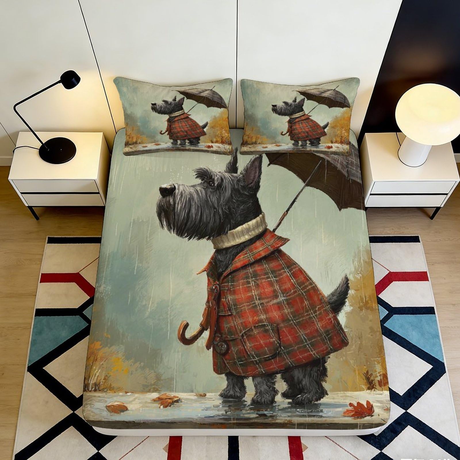 3D Printed Scottish Terrier Umbrella Fitted Sheet Microfiber Plaid Bed Cover for Bedroom Guest Room Mattress Decor 90x200x25cm