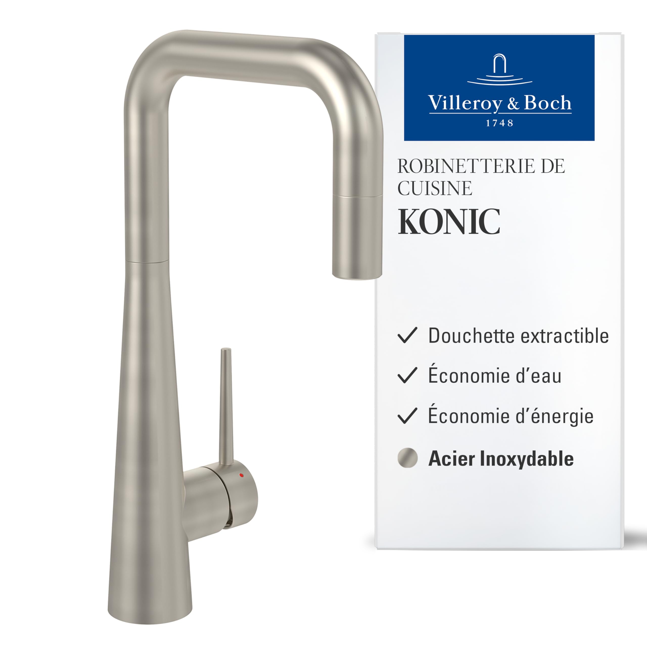 Mitigeur cuisine douchette extractible Villeroy & Boch en acier inox design haut de gamme