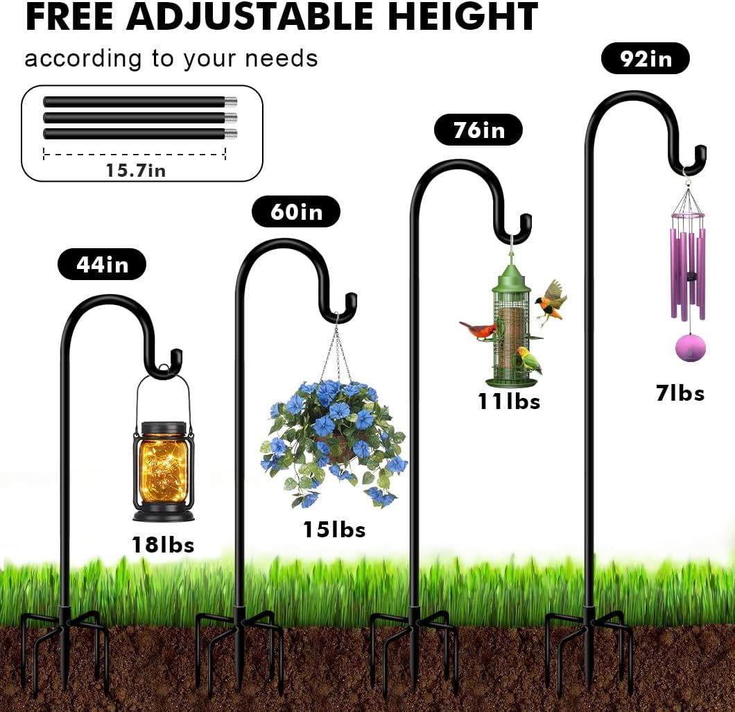76 Inch Outdoor Shepherd Hooks for Hanging Plants, Garden Adjustable Heavy Duty Hummingbird Feeder Pole Stand Hanger with Stand for Solar Lantern Flower Baskets Wind Chimes, Black 1 Pack