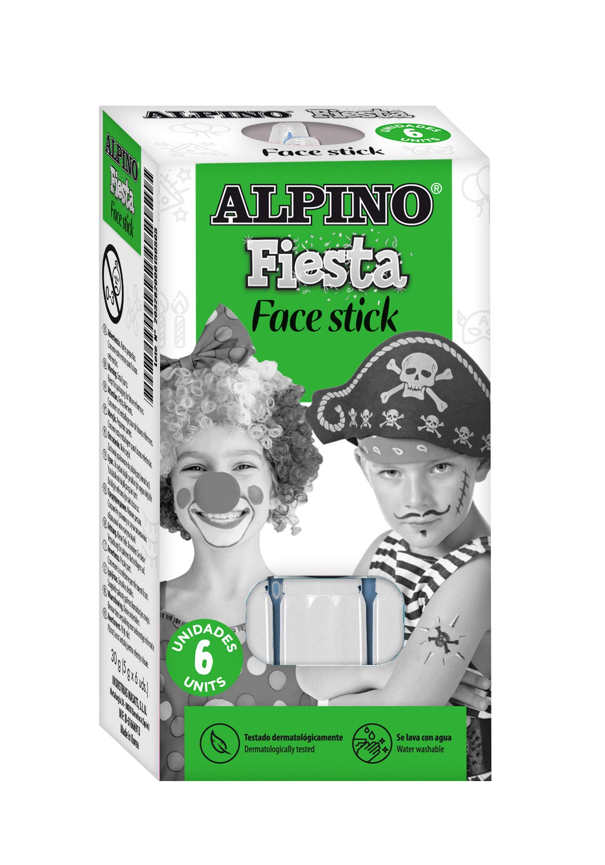 Alpino Maquillaje Face Stick Blanco | Pintura Cara para Niños y Adultos | Pintura Cara Lavable con Aplicador | Producto Cosmético | Maquillaje para Fiestas | 6 Barras de Maquillaje