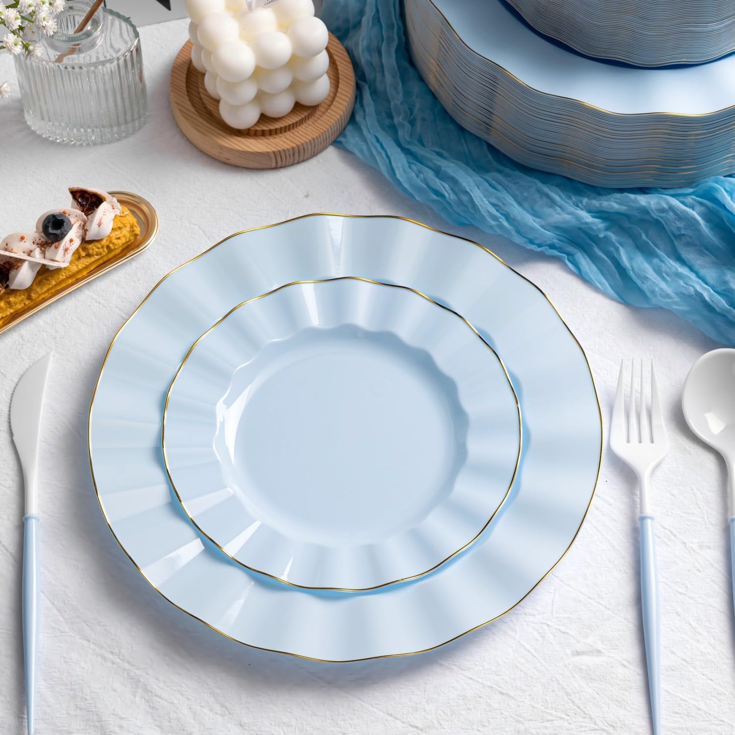 HIGH END 100 Pcs Blue Wave Plastic Plates with Gold Trim, Fancy Disposable Plate Sets Include 50 Dinner & 50 Dessert Plastic Plates, Elegant Disposable Plate Set For Party, Thanksgiving (50 Guests)