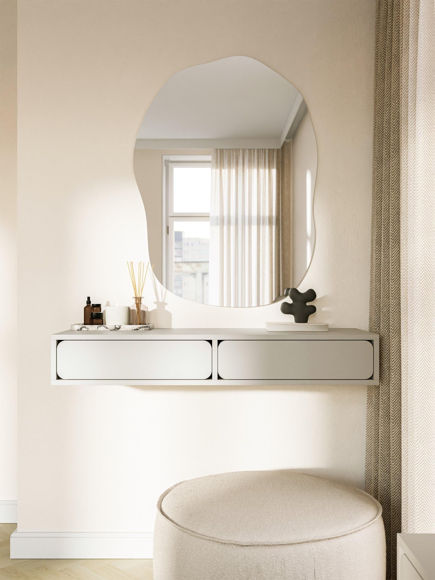 Selsey Wuwu Schminktisch Graubeige 110x35x17 cm, Minimalistisches Design Mit Push-to-Open Schubladen, Hängend Montierbar, Robuste Laminierte Spanplatten, Perfekt Für Schlafzimmer & Ankleidezimmer