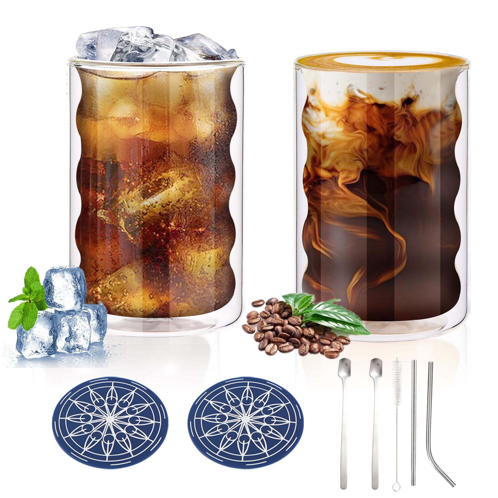 400ML Drinking Glasses, Double-Walled Coffee Mugs, Set of 2 – Insulated Glass Cups for Hot/Cold Drinks, Espresso, Tea, Juice, Ice Cream Glasses Drinking