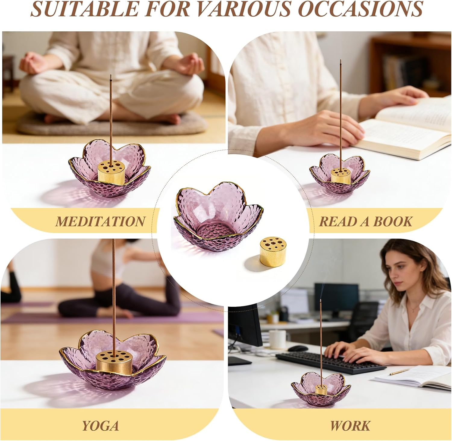 Incense Holder for Sticks and Backflow Incense Handmade Glass Cherry Blossom Incense Stick Holder with 9 Incenses Holes (Upgraded & Larger Cherry Blossom with Gilt-Edged)