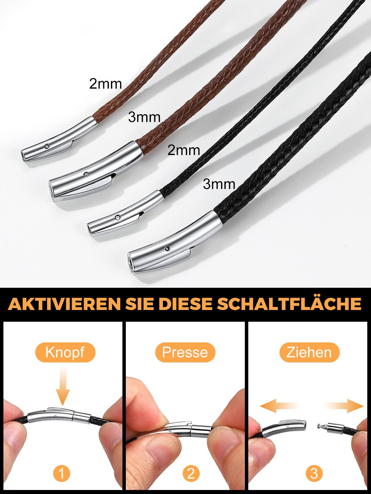 Richsteel Lederkette Herren Leder Halskette Choker für Damen 2/3mm breit Schwarz/Braun mit Drehverschluss Schmuck 40/46/50/56/61/66/71/76 cm Geeignet für Männergeschenke