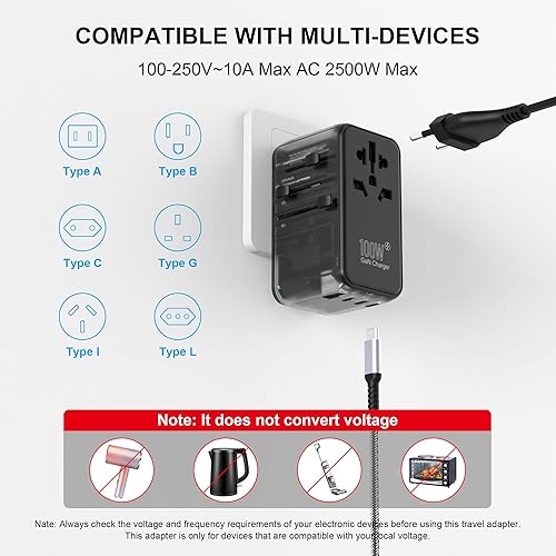 Miniatura 3 de CHIPOFY Adaptador de viaje universal, adaptador de enchufe internacional de 100 W, 3 puertos USB C 1 USB A, convertidor de salida de cargador de