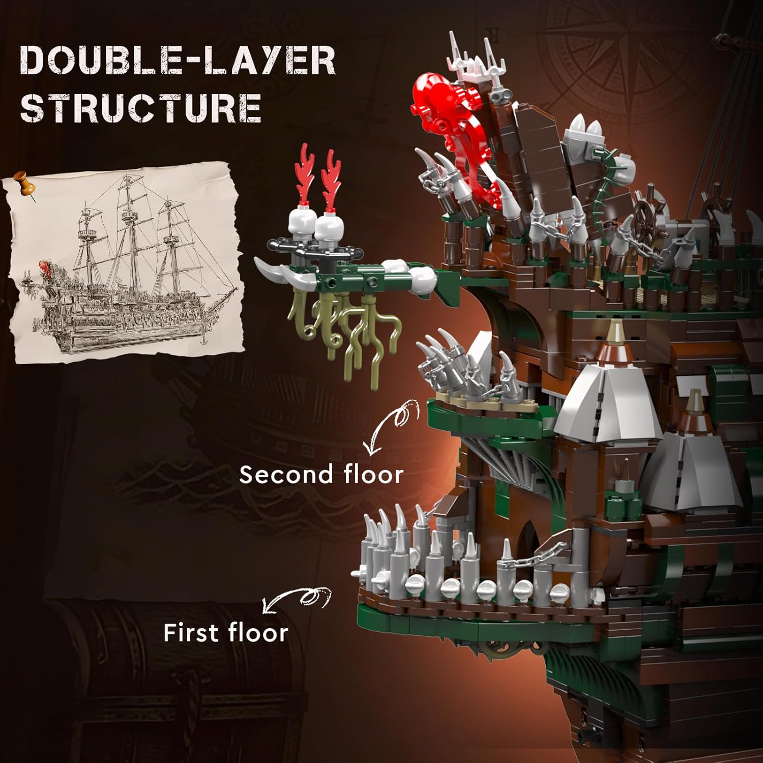 Mould King 13218 Pirate Ship Building Toy, MOC Flying Dutchman Model Ship Boat, Toy Building Sets for Adults, Halloween Decor Christmas Birthday Gifts for Teens Collections (6849 Pieces)