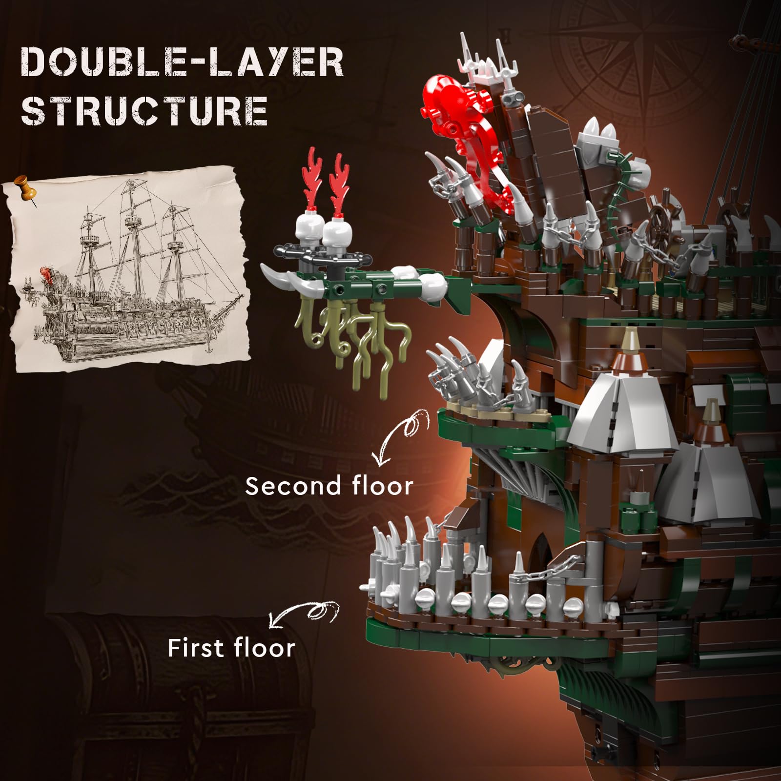 Mould King 13218 Piratenschiff Bausteine, MOC Fliegenden Holländers groß Segelschiff Spielzeug Modell für Erwachsene (6849 Stück)