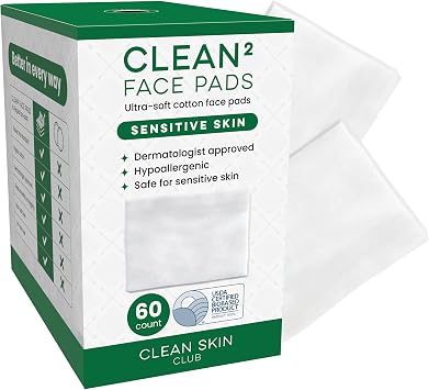 Clean Skin Club Clean2 Sensitive Skin Face Pads Ultra-Soft 100% Organic Cotton, Fragrance-Free & Lint-Free Makeup Remover & Toner, Dermatologist Approved, 60 Ct Formerly Cloud Pads