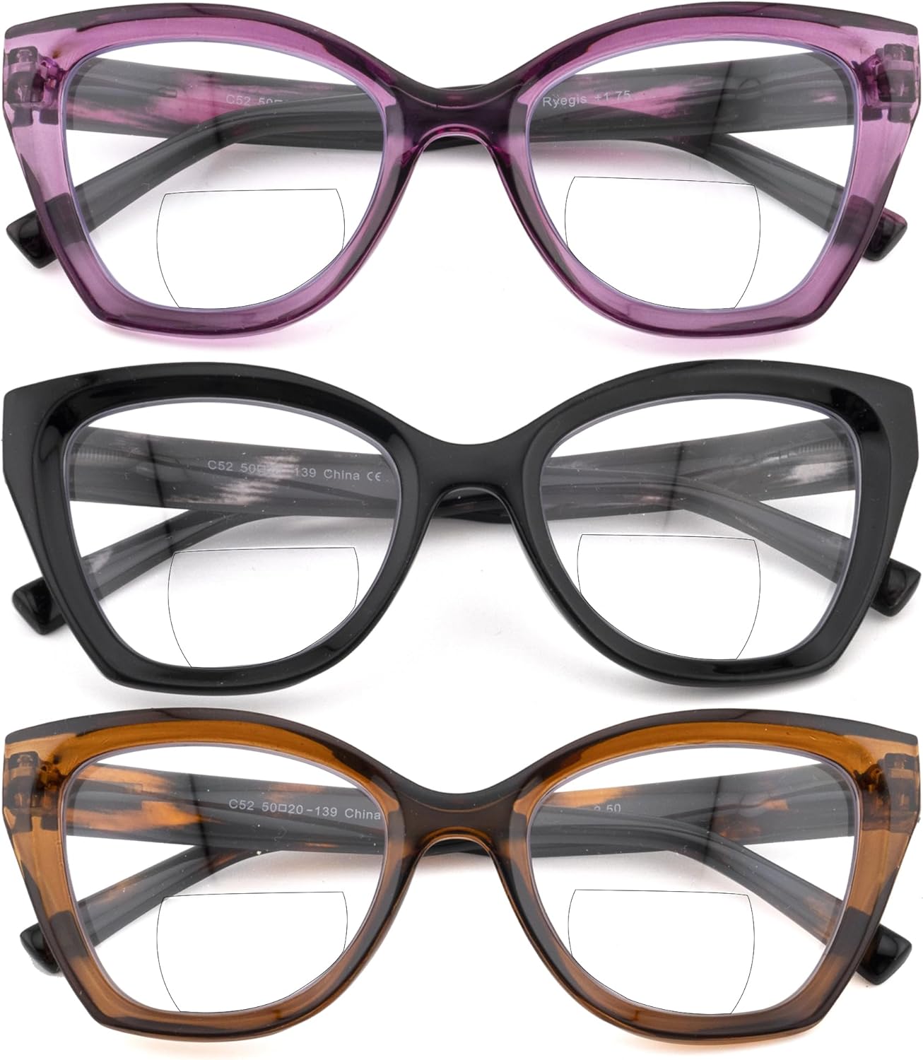 3 Pack Cat Eye Bifocal Reading Glasses for Women Stylish Blue Light Blocking Readers Dual Focal Clear Top Eyewear