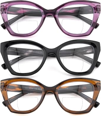 3 Pack Cat Eye Bifocal Reading Glasses for Women Stylish Blue Light Blocking Readers Dual Focal Clear Top Eyewear