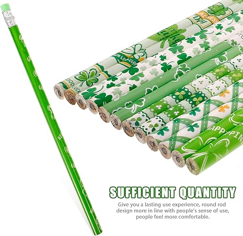 Miniatura 8 de EXCEART Lápices del Día de San Patricio, 12 lápices de trébol con borrador, tréboles, novedosos lápices de rayas, lápices de madera de la suerte,