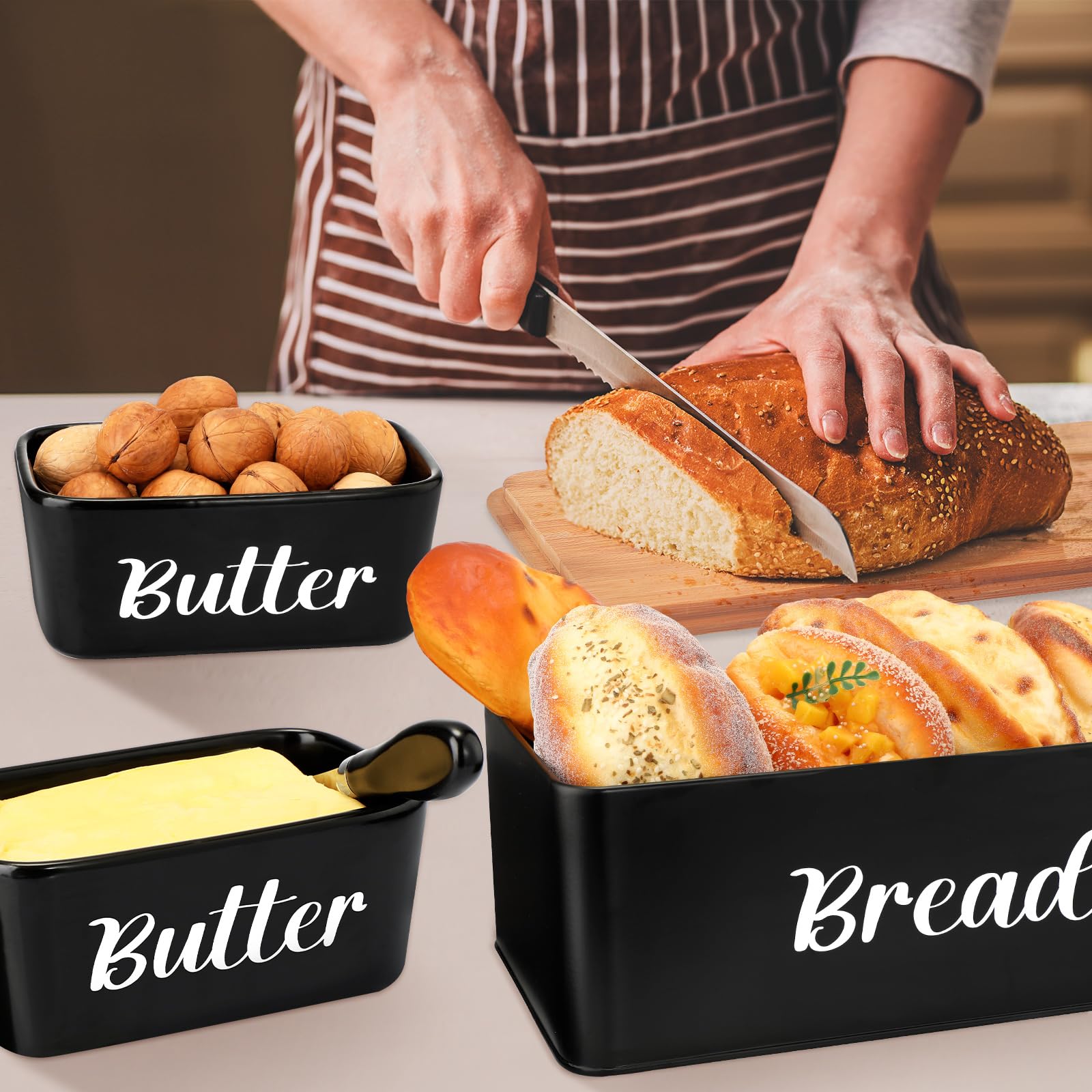 Hushee Brotbox & Butterdose Set – Aus Metall & Keramik, Mit Bambusdeckel & Messer, Grau