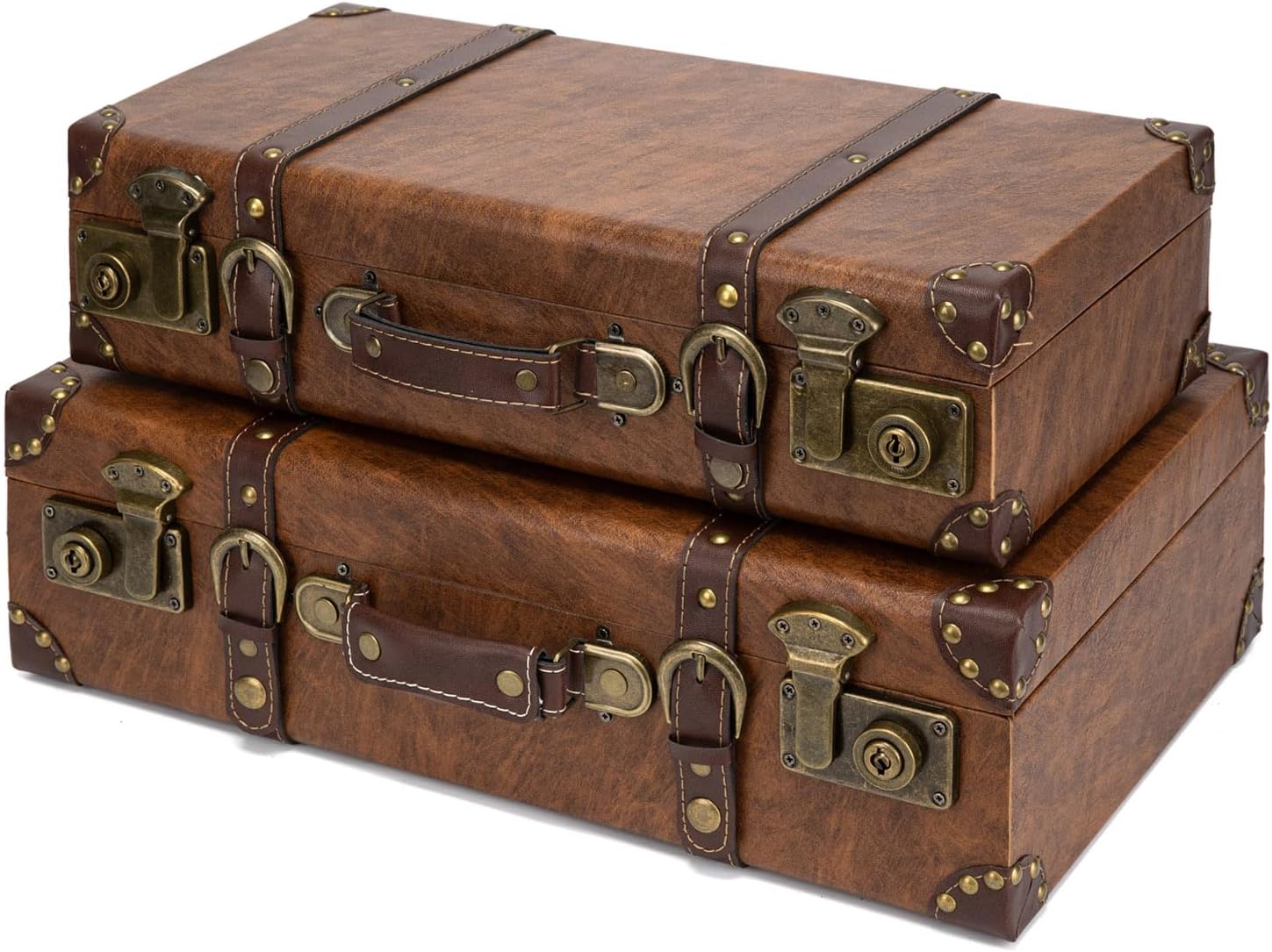 feilario Vintage Leather Storage Trunk Small Portable Decorative Luggaage Suitcase Movie Prop Luggage-2Size Option (Brown, S/L Set)
