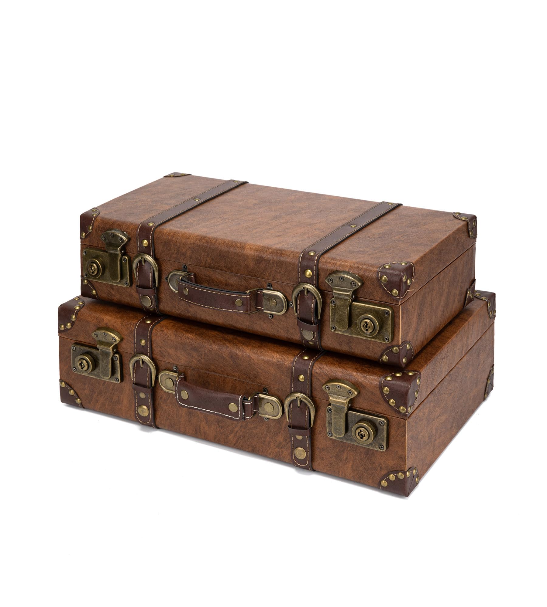 feilario Vintage Leather Storage Trunk, Wooden Core Decorative Prop