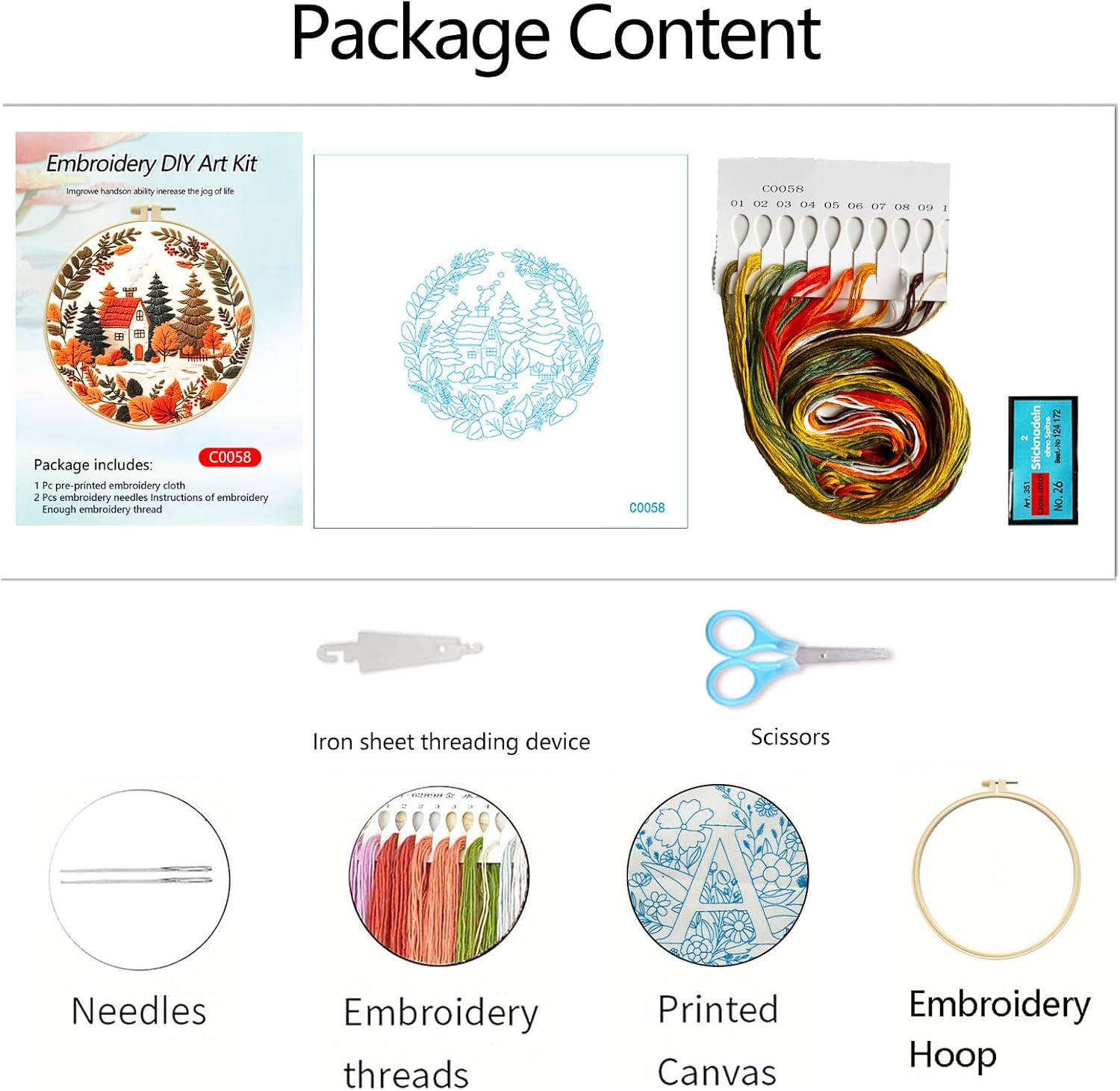 Zhenqing Autumn Cottage Squirrel Embroidery Kit for Beginners, Woodland Cottage Needlework Craft, Printed Fabric with Hoop, Threads & Full Tools, Fall Home Decor DIY Project, 29x29cm (C0058)