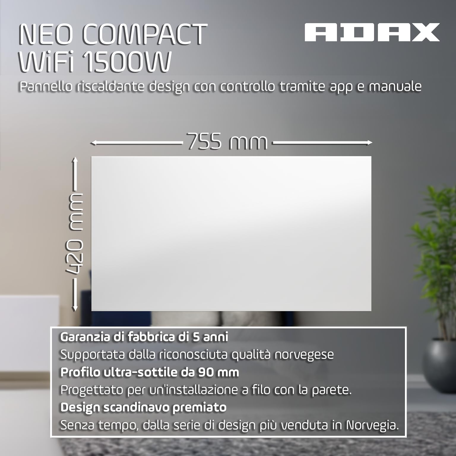 Adax Neo Compact - Convettore da parete intelligente WiFi - 1500W | Controllo smartphone | Stufetta elettrica basso consumo bagno | Scaldino Elettrico | Altezza 420 mm | Bianco KWT | IP24C
