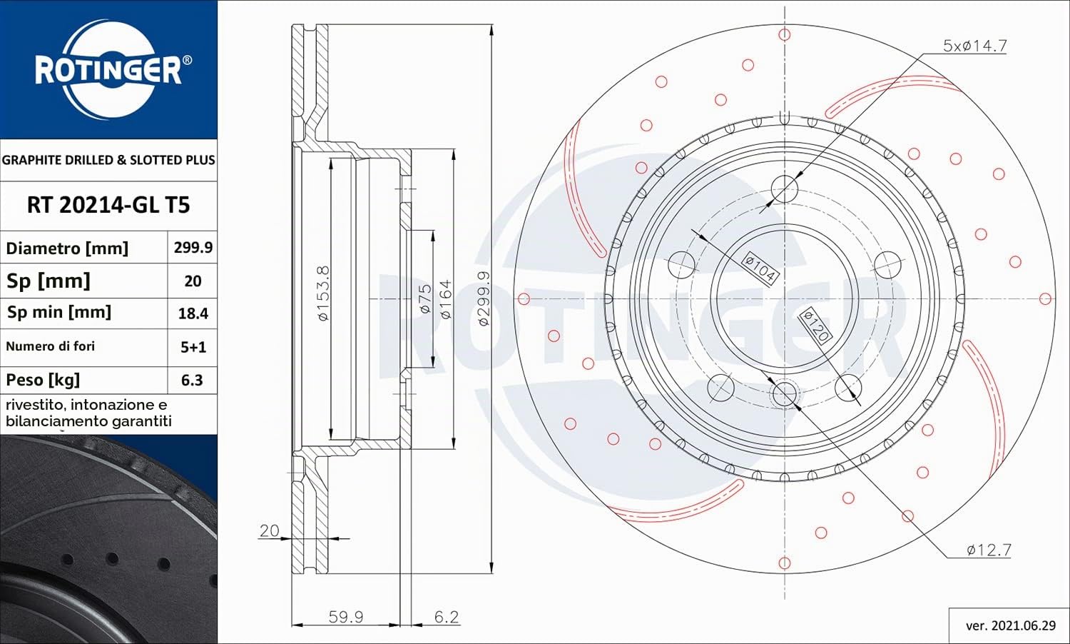 ROTINGER Rotori disco freno (asse posteriore, Set di 2 pezzi) Con rivestimento anticorrosione, RT 20214-GL T5