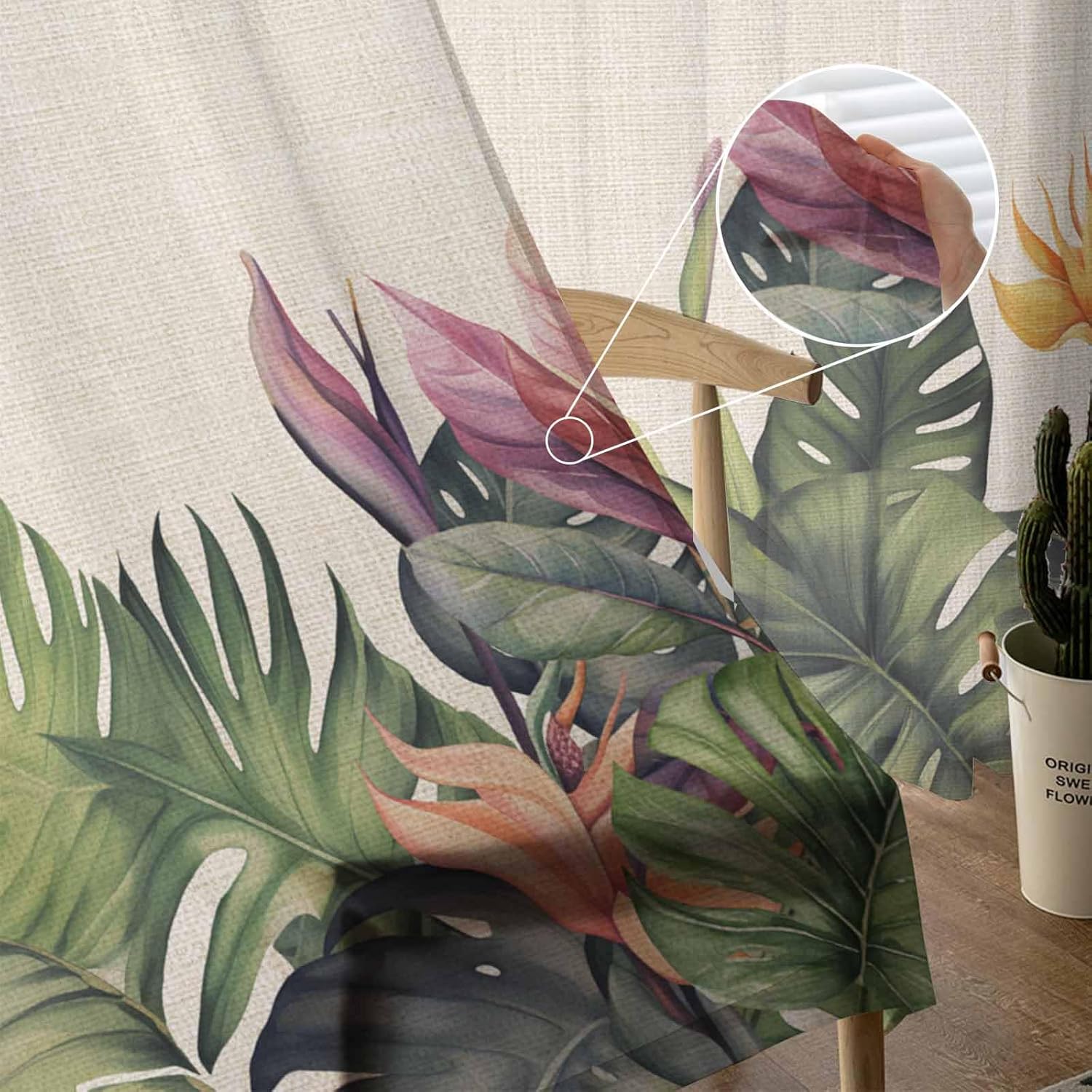 Tropical 2 PCS Semi-Sheer Chiffon Curtains 63 Inches Long, Rod Pocket Voile Curtain Panels, Window Sheer Drape Curtains for Living Room/Bedroom/Kitchen, Summer Green Palm Tree Leaves Farmhouse 104x63