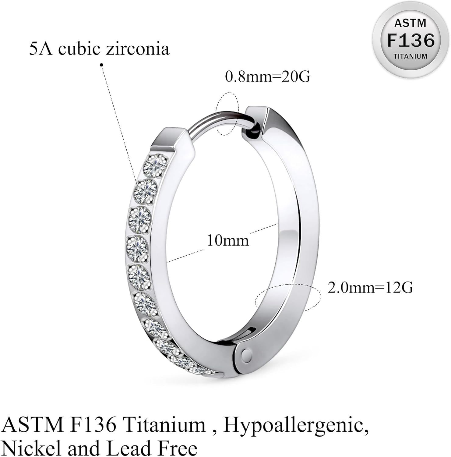 Ruifan ASTM F136 Titanium Hoop Earrings for Women Small Huggie Hoop Earrings Hypoallergenic Rook Helix Cartilage Hoops Cubic Zirconia Cuff Earring Piercing Jewelry For Women Sensitive Ears 20G 18G - Image 2