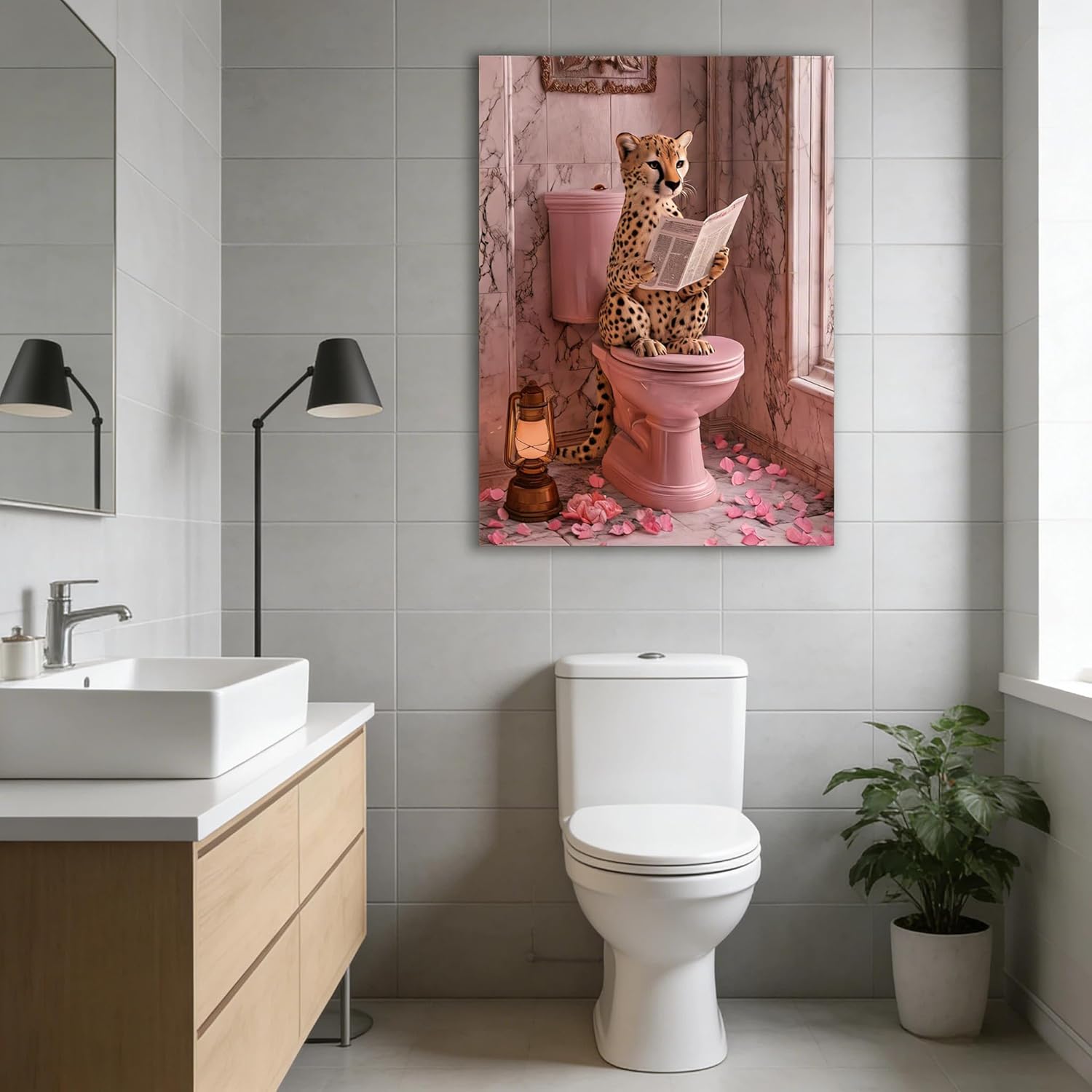 Mudket Funny Cheetah Poster Canvas Wall art for Bathroom, Framed Ready to Hang, Modern Cool Pink Leopard Reading Picturess Art for Toilet Restroom Powder Room Decor - 24" L x 16" W