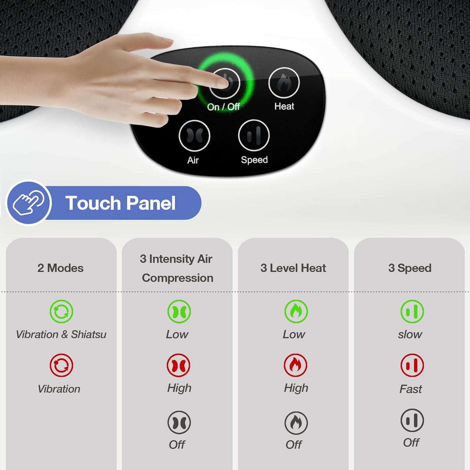 Control panel of Sejoy Foot Massager with buttons for Mode, On/Off, Heat, Air, and Speed